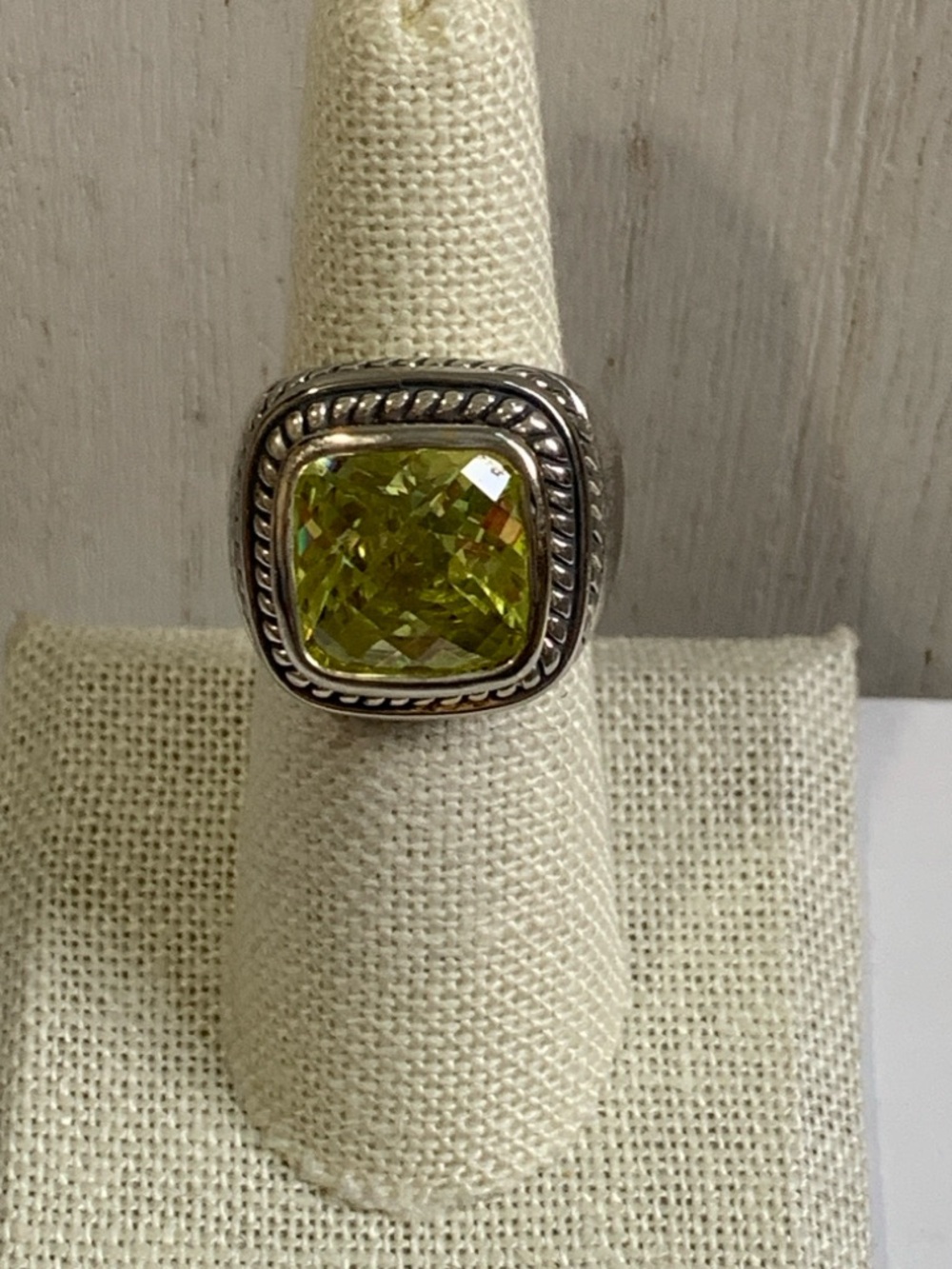 Silver Plated Genuine Peridot Cushion Cut Ring 6.5